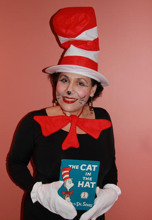 Storyteller Eva- professional singer, actress, children's entertainer, presents Cat in the Hat stories with Cat in the Hat stickers, animal balloons, tattoos, face painting, hire Cat in the Hat storyteller for Read Across America school reading program event