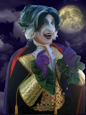 Kookey Count Schnazolla Halloween enterainer for all ages, award-winning Variety Entertainer performs freeze mime meet and greet at door, strolling comedy magic show, juggling, ventriloquism, balloon sculptures