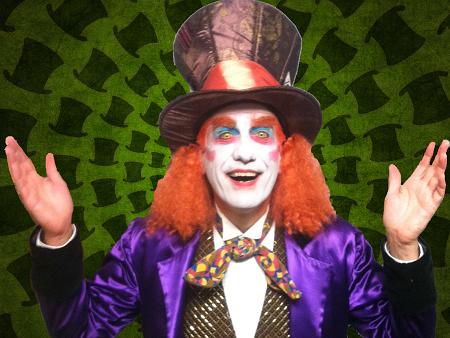 Professional stage and film actor formerly of Broadway poses as Alice Wonderland's Mad Hatter in theatrical make up, he performs amazing Alice Wonderland theme show