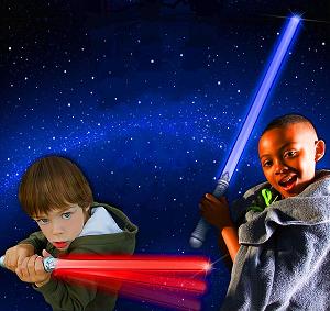 Space Wars birthday party entertainment stars a professional character actor in costume, star wars theme party includes balloon sabers, balloon blasters, a magic show, galaxy treausre map and souvenirs, star stickers
