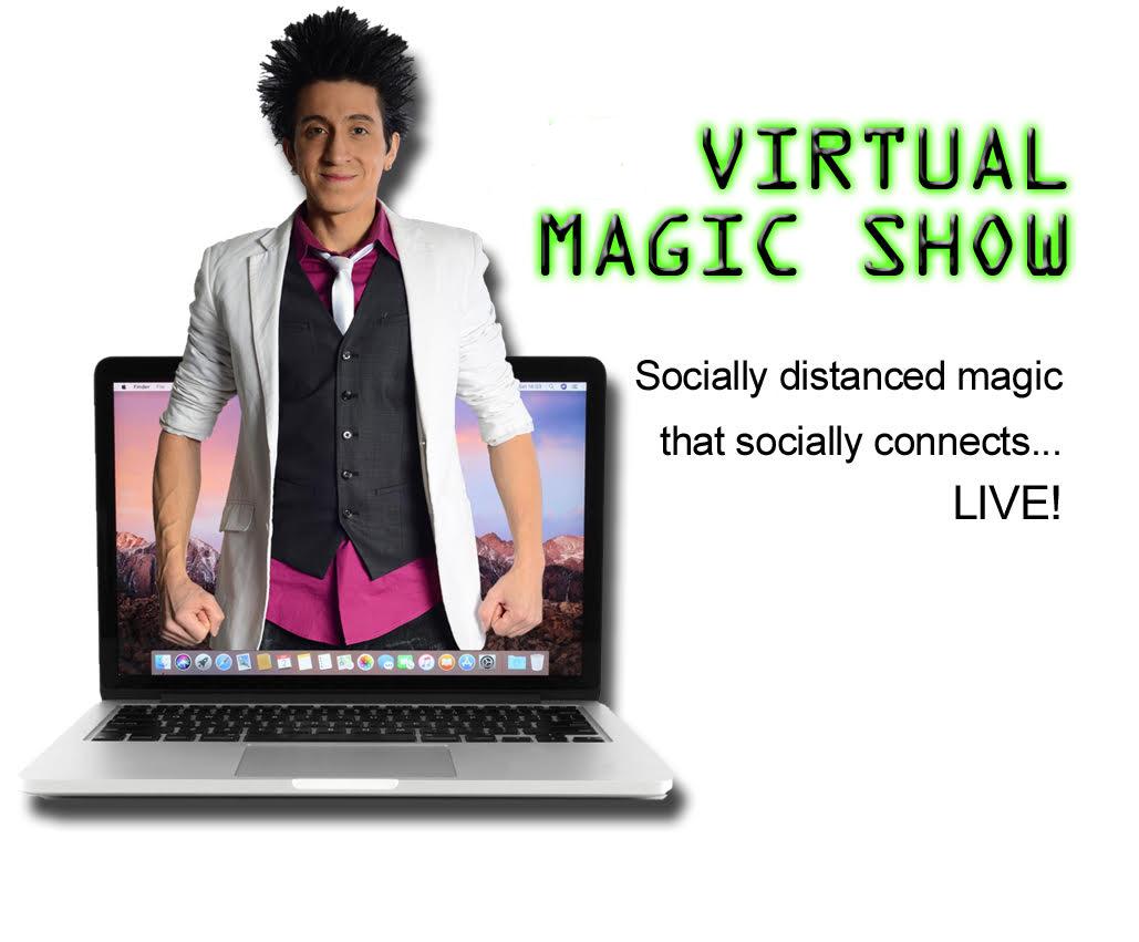 Virtual Online Magic Show performed live on screen Zoom teleconferencing.